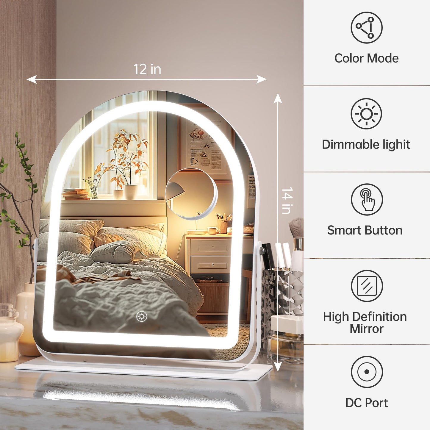 Hasipu Vanity Mirror with Lights, 12"× 13.8" Arched LED Makeup Tabletop Mirror, Lighted Makeup Mirror with Lights, Smart Touch Control Dimmable 3 Modes Light 360°Rotation White