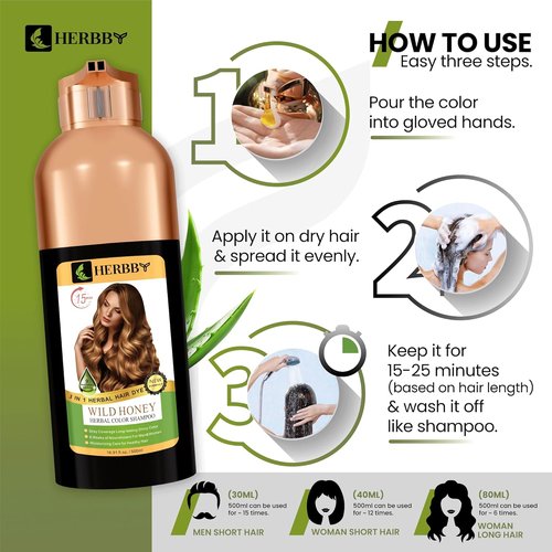 HERBBY Hair Color Shampoo - Gray Coverage & Color Transformation with 9 Herbal Extracts | Long-Lasting Shine, 500ml (Wild Honey)
