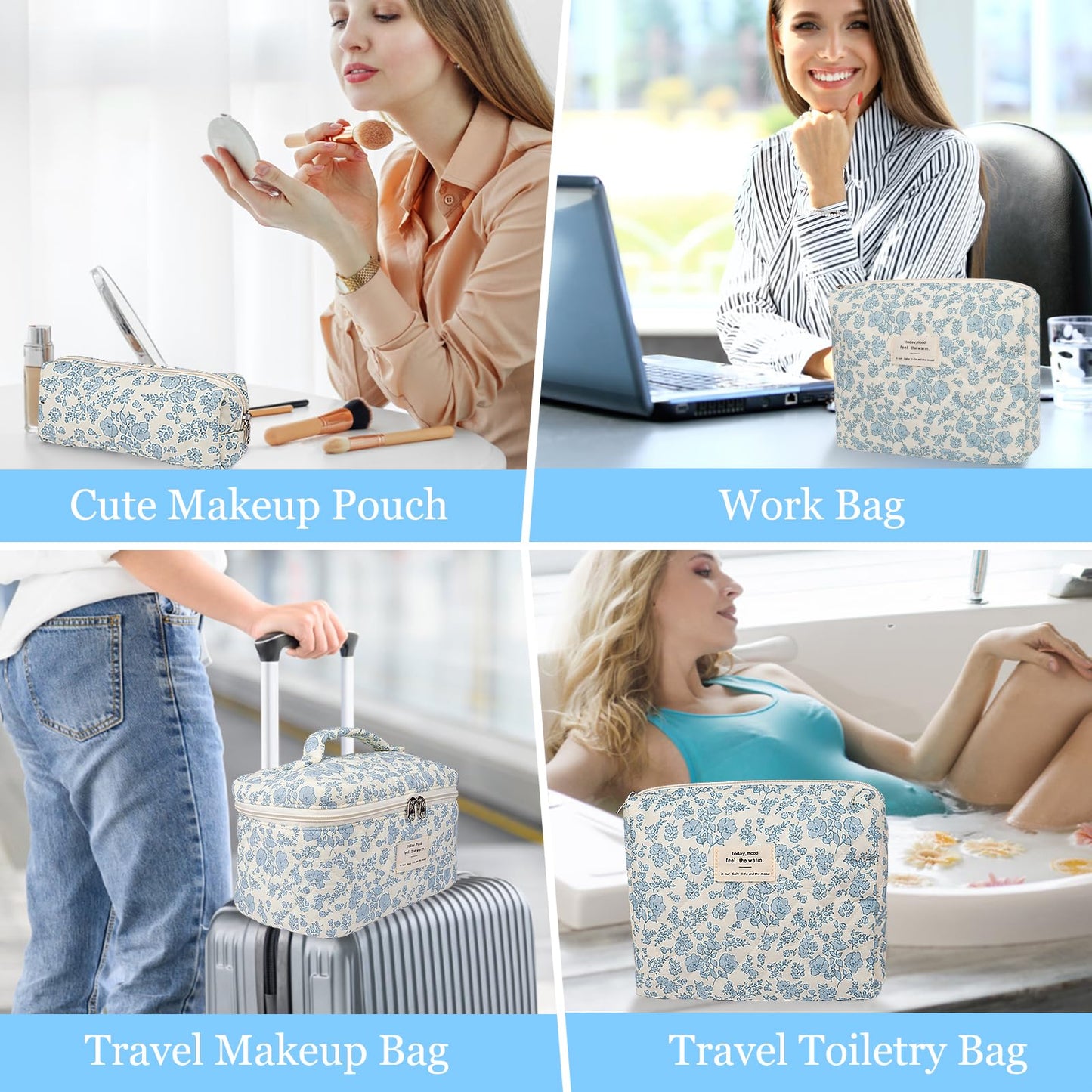 Makeup Bag Set, Quilted Makeup Bag, Large Floral Cosmetic Bag for Women, Cute Cotton Makeup Bag, Flower Travel Toiletry Organizer Bag (Flower)