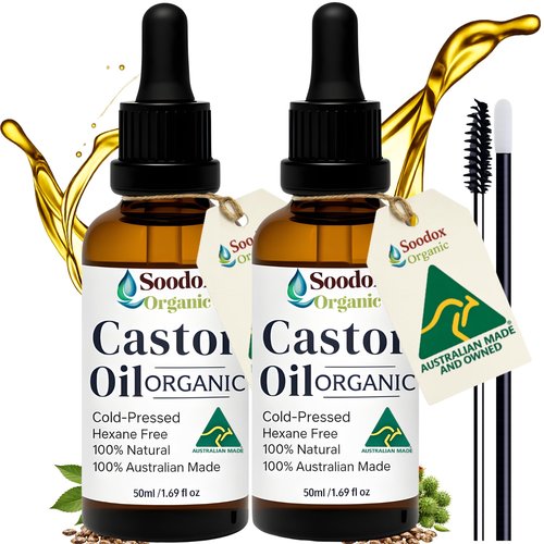 Soodox Certified Organic Castor Oil 2 Pack, 2 x 1.69 Fl Oz, 100% Pure, Cold Pressed, Hexane Free, for Hair, Scalp, Eyelashes, Eyebrows, Face & Skin, Dropper & Brushes Included, Australian Made & Owned