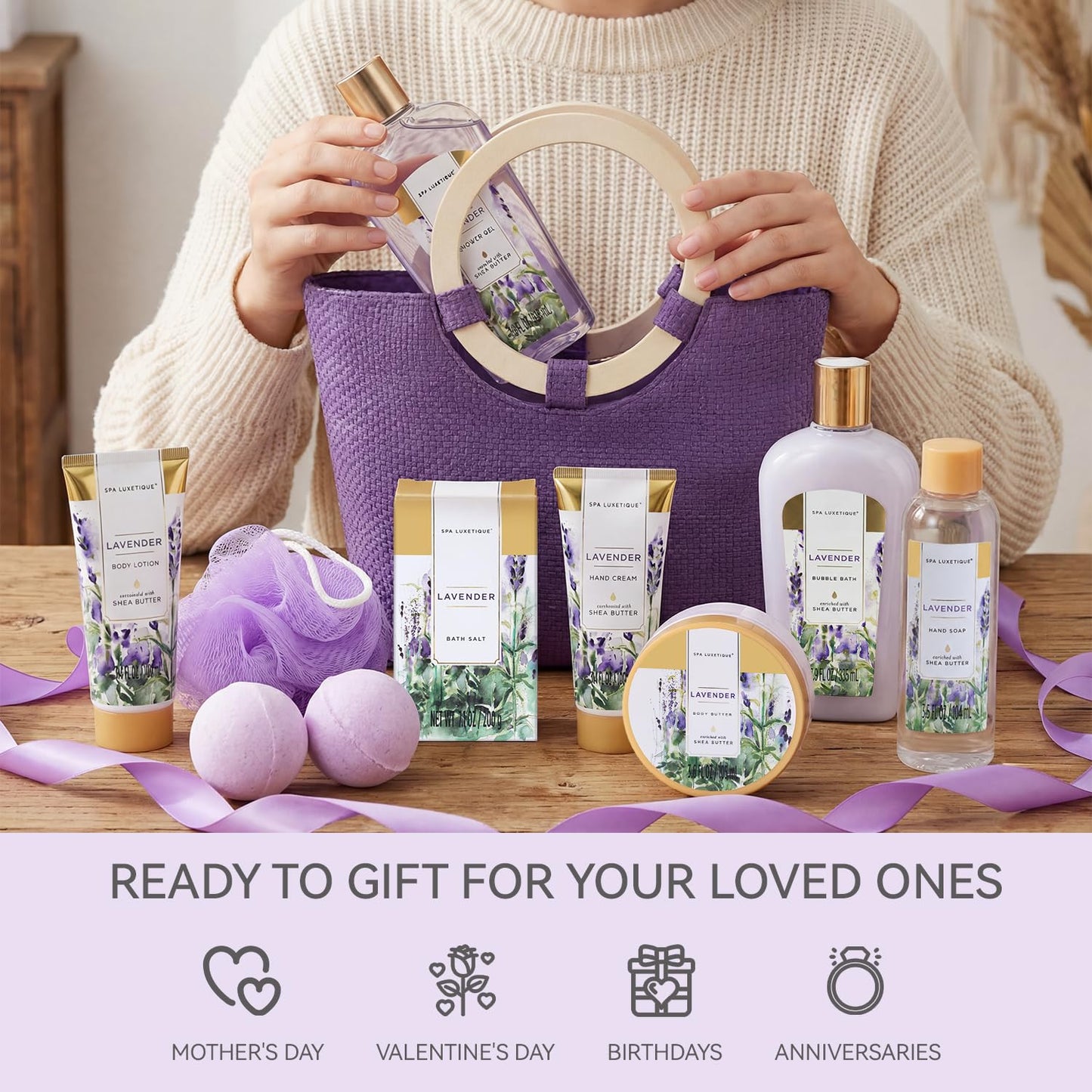 Spa Luxetique Lavender Bath and Body Gift Basket - 10-Piece Relaxing Spa Set for Women | Perfect Birthday & Mother's Day Gift