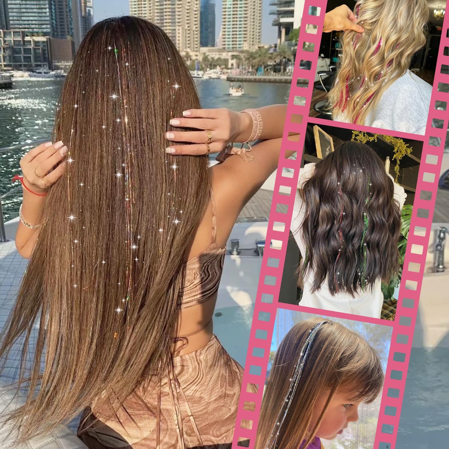 WENNALIFE Hair Tinsel for Girls, Mix 3 Colors Fairy Hair Tinsel Kit 1200 Strands 6PCS 48 Inch Heat Resistant Glitter Tinsel Hair Extensions Kit Christmas Hair Feathers Tinsel for Hair Sparkle Strands