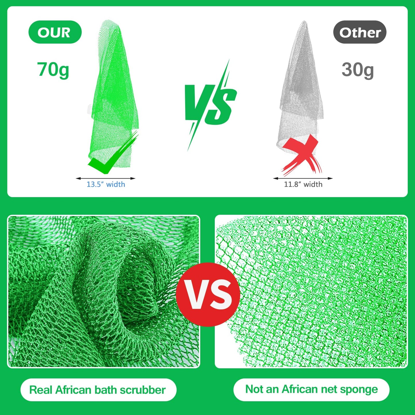 ZOCY African Net Sponge, Authentic Exfoliating Body Scrubber for Bath and Shower, Multiple Textures with Gentle Deep Exfoliating and Rich Lather for All Skins (Green)