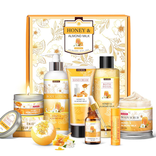 Skiennix 9-Pc Almond Milk & Honey Bath Gift Set - Relaxing Spa Essentials for Women | Perfect Birthday Gift