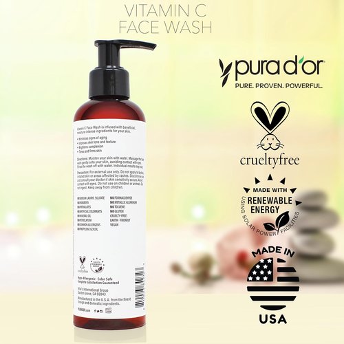 PURA D'OR Vitamin C Face Wash - Antioxidant-Rich Cleanser for Radiant Glow | 8 Oz, Sulfate & Paraben Free