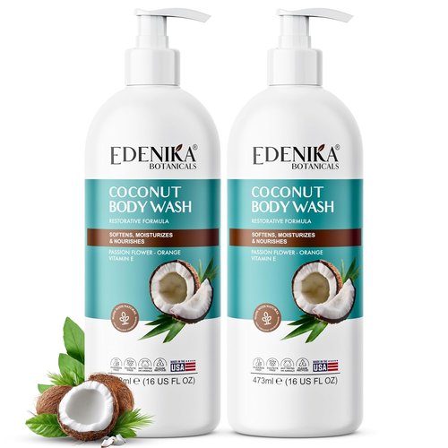 EDENIKA BOTANICALS Coconut Body Wash - Ultra Moisturizing Shower Gel for Dry Skin | 16 fl oz, 2-Pack