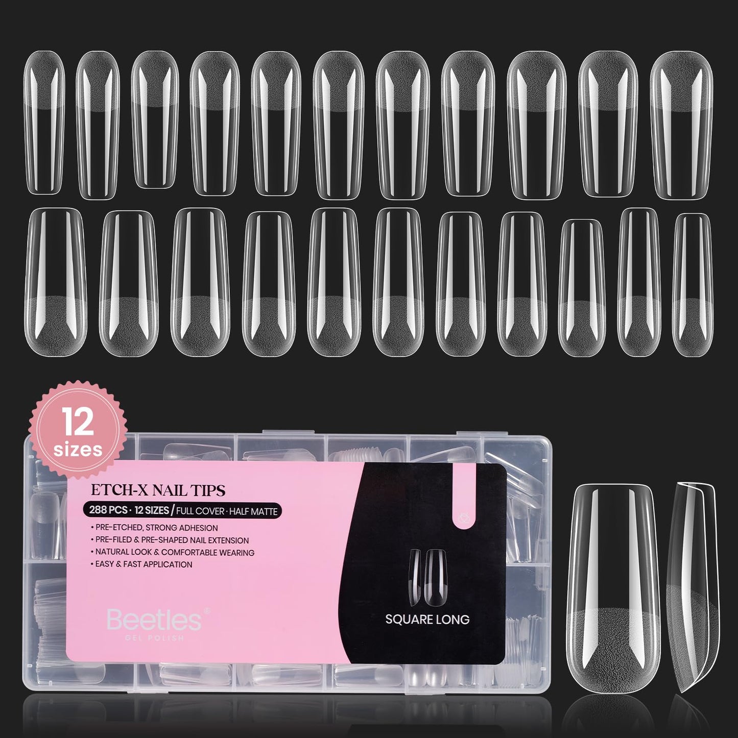 Beetles Gel Nail Tips Long Square 12 Sizes, 288Pcs Pre Shaped Half Matte Press On Nails Gelly Tips False Nails for Gel Nail Art Nail Extensions Acrylic Nails Gift