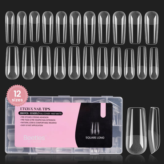 Beetles Gel Nail Tips Long Square 12 Sizes, 288Pcs Pre Shaped Half Matte Press On Nails Gelly Tips False Nails for Gel Nail Art Nail Extensions Acrylic Nails Gift