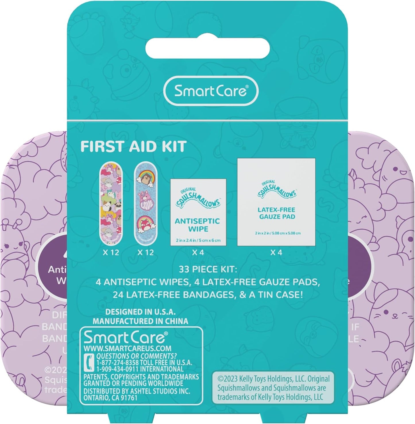 Smart Care Squishmallow First Aid Kit Travel Essentials with Antiseptic Wipes, Cute Bandage Variety Pack for Kids, Latex-Free Gauze Pads and Bandages in Tin Case, 33PC