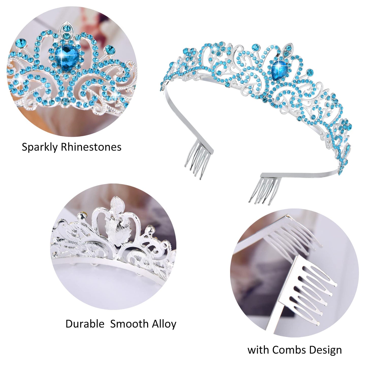 Blue Crystal Tiaras for Women, Birthday Queen Tiara Crown Princess Fairy Elsa Crowns with Combs Bride Headband Bridal Wedding Prom Pageant Party Hair Accessories Decorations Gifts