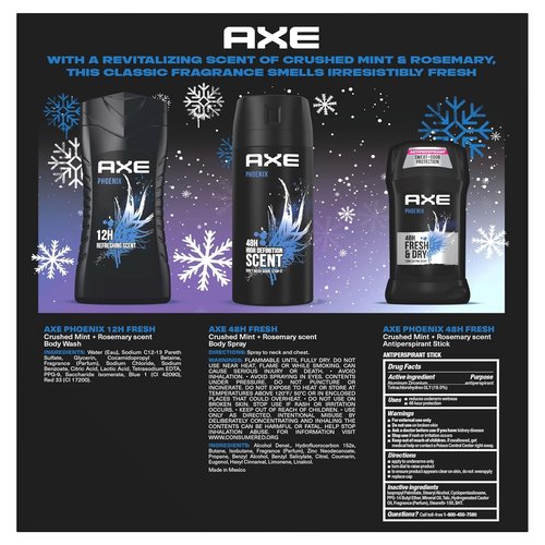 AXE Phoenix Fresh Gift Set - Men's Body Wash, Spray & Antiperspirant | 48H Protection, Crushed Mint & Rosemary Scent (3 Pieces)
