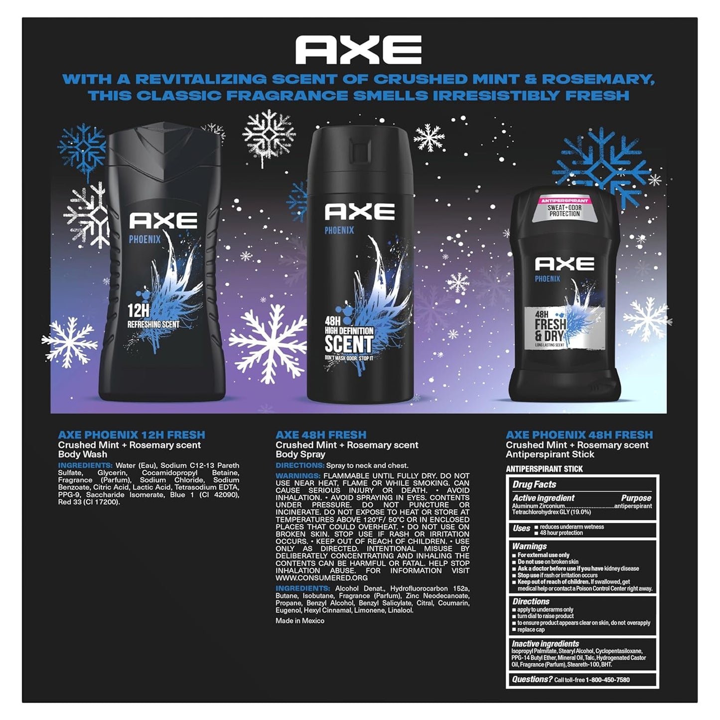 AXE Phoenix Gift Set for Men - Body Wash, Spray & Antiperspirant | 48H Protection, Crushed Mint & Rosemary Scent (3 Pieces)