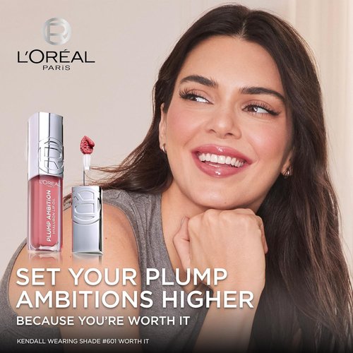 L'Oreal Paris Plump Ambition Lip Oil - 24 HR Gloss with Hyaluronic Acid, Crystal Clear 101, 0.16 Fl Oz