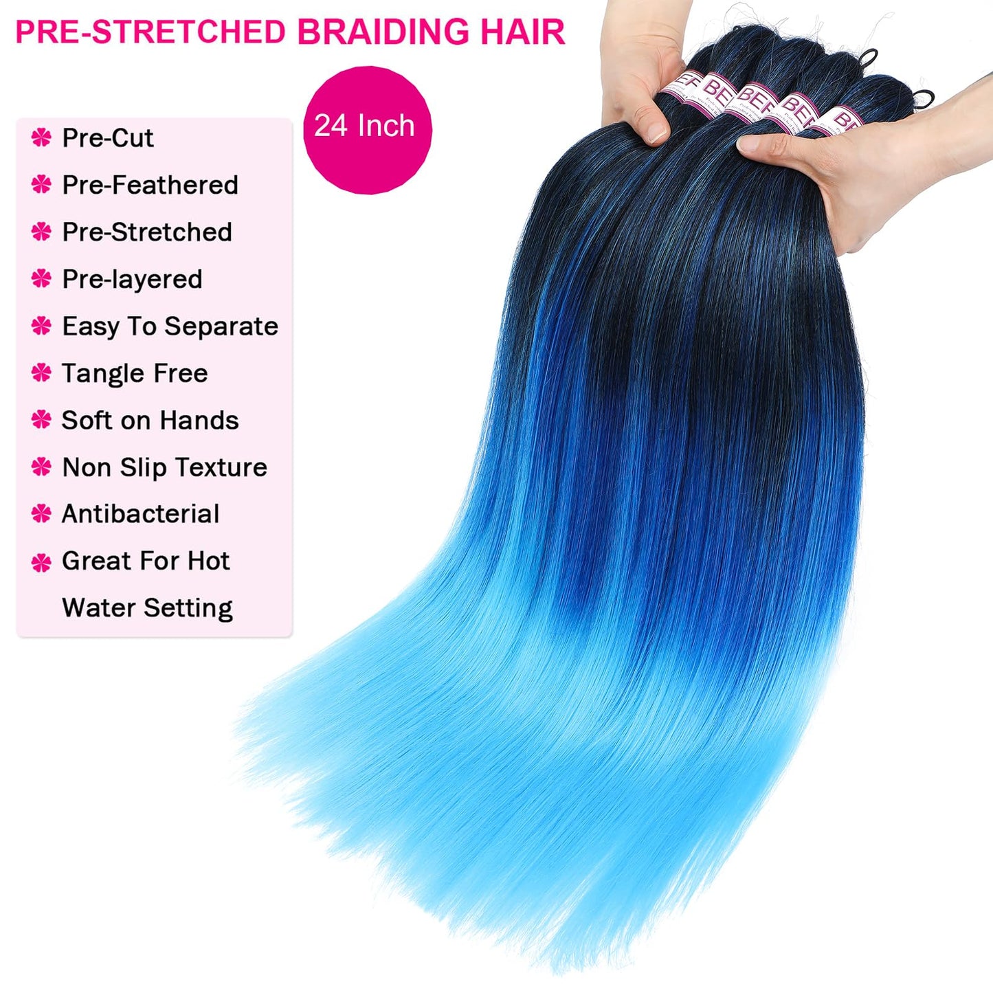 BEFUNNY Braiding Hair,24 Inch 3 Packs Three Tone Blue Pre Stretched Braiding Hair,Prestretched Braiding Hair For Women Hair,Professional Yaki Synthetic Hair Extension(3pcs,Blue/L Blue)