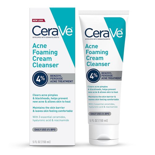CeraVe Acne Foaming Cream Cleanser - 4% Benzoyl Peroxide Face Wash with Hyaluronic Acid & Niacinamide
