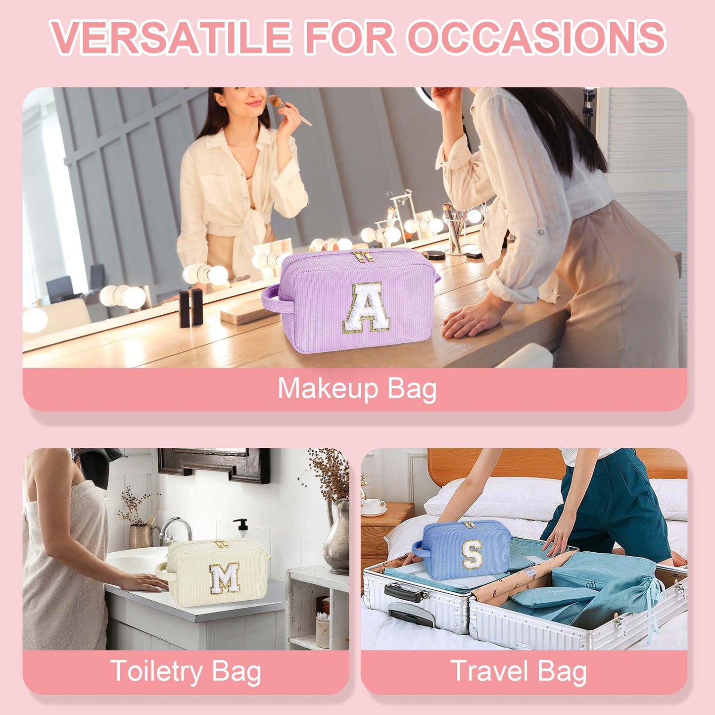 YOOLIFE Travel Makeup Bag - 4 5 6 7 8 9 10 Year Old Girl Birthday Gift | Initial Cosmetic Bags for Women Teen Girls Kids, Cute Makeup Bag Birthday Gifts for Women Kid Teen Girls Trendy Stuff Purple A