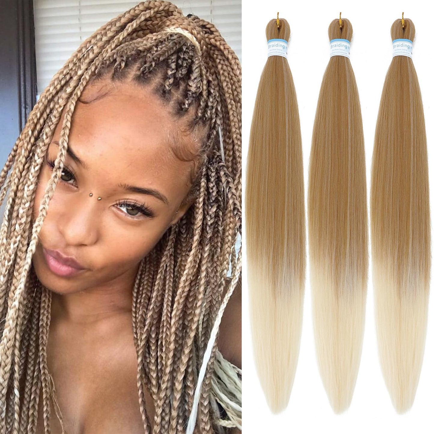 Berracy Braiding Hair Pre Stretched for Women Box Braids Synthetic Hair Extensions Texture Hot Water Setting Prestretched Braid Extension Girls Brown Blonde (24inch 3Packs)