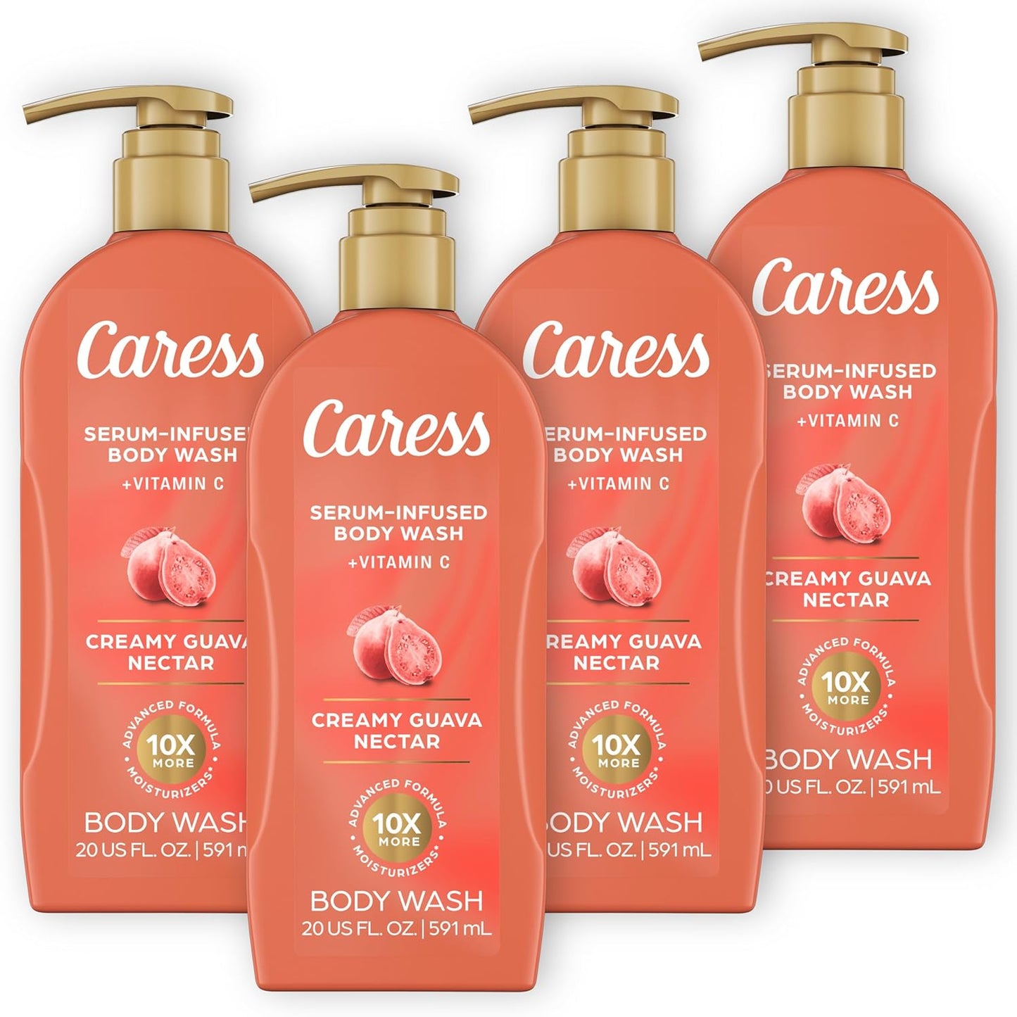 Caress Creamy Guava Nectar Body Wash - Serum-Infused, Vitamin C Formula, 20 fl oz | 4 Pack