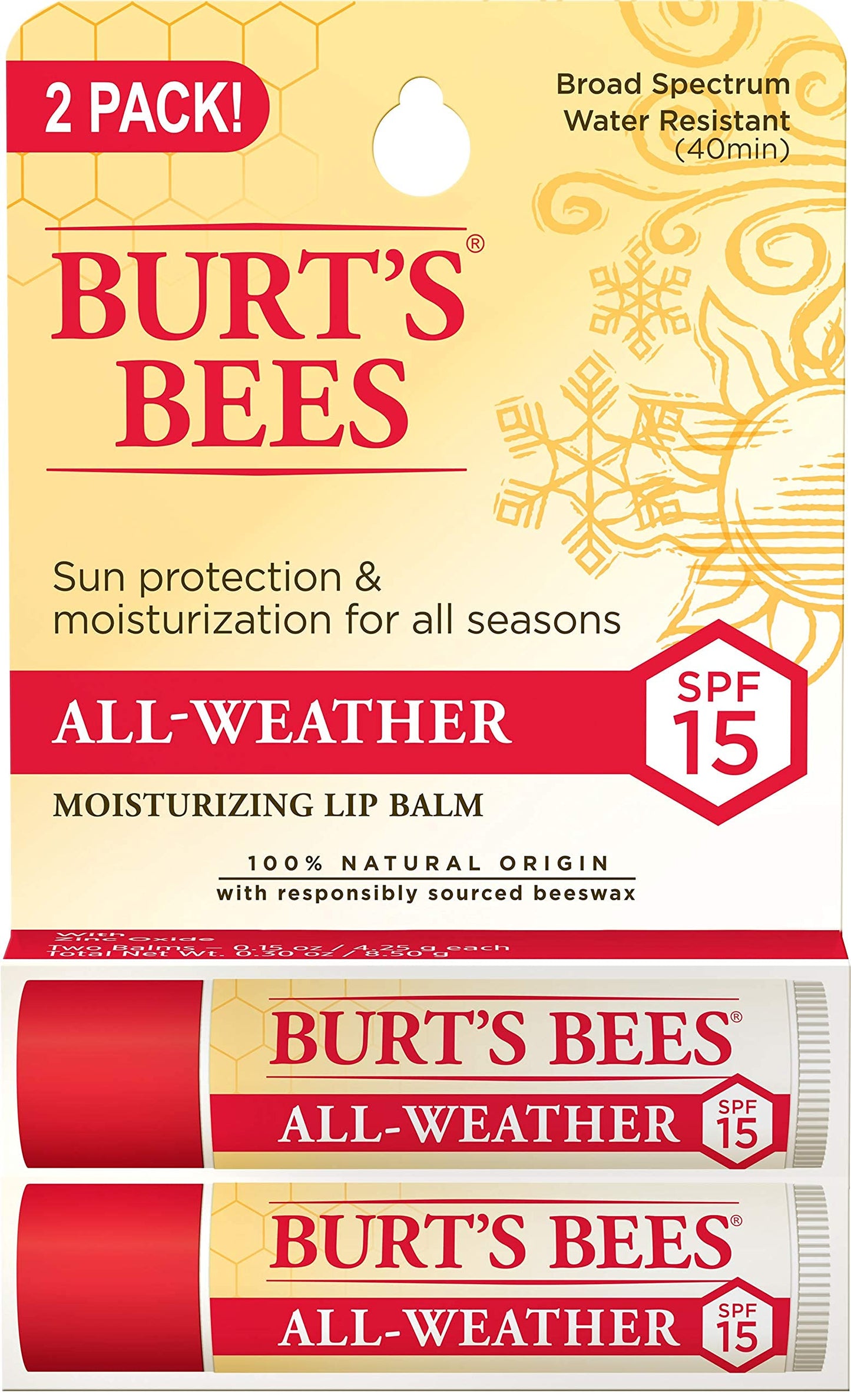 Burt's Bees All Weather SPF 15 Lip Balm, Water-Resistant Lip Moisturizer, Tint-Free, Natural Conditioning Treatment, 2 Tubes, 0.15 oz.