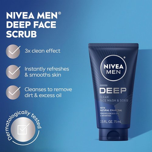 NIVEA MEN Deep Clean Face Wash - Exfoliating Charcoal Formula for Oily Skin | 2.5 Fl Oz Tube, Pack of 3