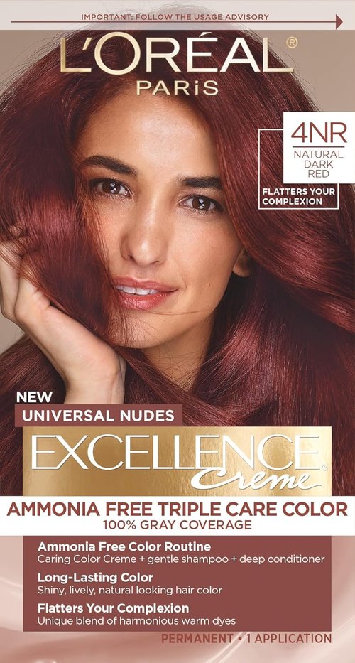L’Oreal Paris Hair Color - Excellence Universal Nudes, Ammonia-Free Gray Coverage, 4NR Natural Dark Red