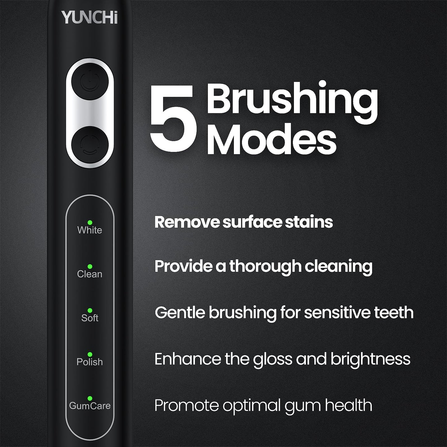 YUNCHI Sonic Electric Toothbrush for Adults, Toothbrush Electric with 8 Brush Heads, Battery Toothbrush for 55 Days, 5 Models & 2 Minutes Smart Timer, Travel Case, 44000 VPM Motor, Black
