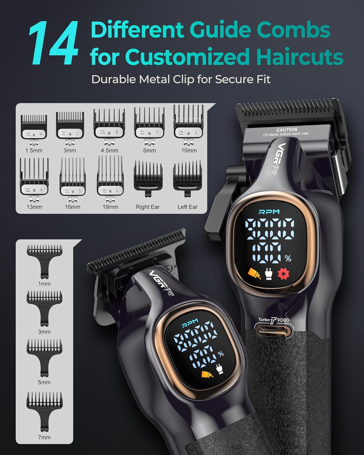Skiennix Professional Hair Clippers - Cordless Barber Trimmer Set with 9000 RPM Power | Black