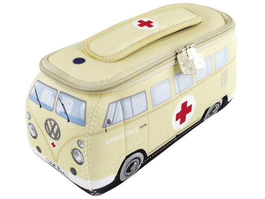 BRISA VW Collection - Volkswagen Neoprene Universal Makeup Cosmetics Toiletry Travel Pharmacy Bag in T1 Bus Design (Ambulance/Beige) (Small (9.1 x 4.3 x 3.1 inches))