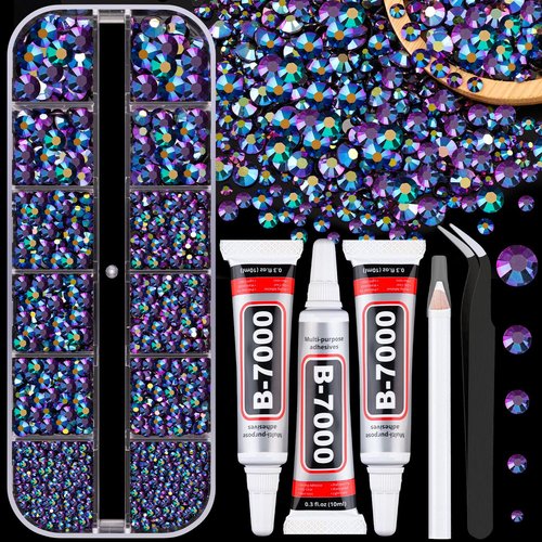 Resin Jelly Rhinestones for Crafting with B7000 Jewelry Glue, 1 Box Purplish Black AB Flatback Crystal with 3Pcs 10ml Glue, Bedazzling Non Hotfix Gems for DIY Tumblers Clothing Shoes Manicure