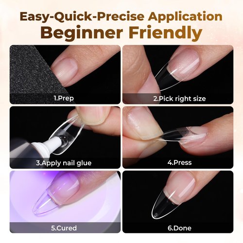 UNA GELLA Almond Gel Nail Tips, 504PCS Pre Etched Clear Fake Nails Tips Medium Almond Shape - 12 Sizes Full Cover Soft Acrylic Press On Nail Extensions No C Curve Gift for Diy at Home