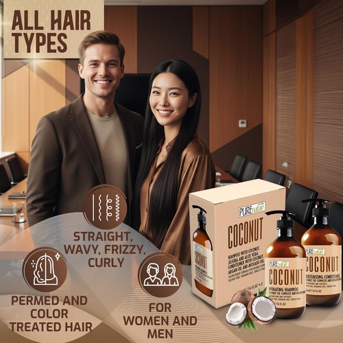 Coconut Shampoo and Conditioner Set - Sulfate Free - Deep Hydrating and Smoothing for Dry, Frizzy, Damaged Hair - Moisturizing, Shiny, Anti Frizz Salon Products for Women and Men - 16 Fl Oz (Set of 2)