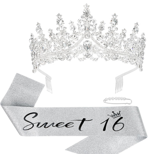 CIEHER Sweet 16 Sash + 16th Birthday Crown + Pearl Pins Set, Sweet 16 Party Decorations, Sweet 16 Tiara, Sweet 16 Gifts for Girls Sweet 16 Birthday Decorations