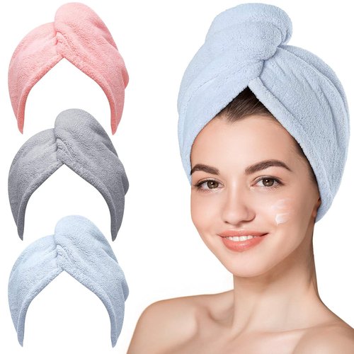 Hicober Microfiber Hair Towel Wrap - Fast Drying, Soft & Lightweight Turban for Curly Hair | 3 Pack (Blue/Grey/Pink)