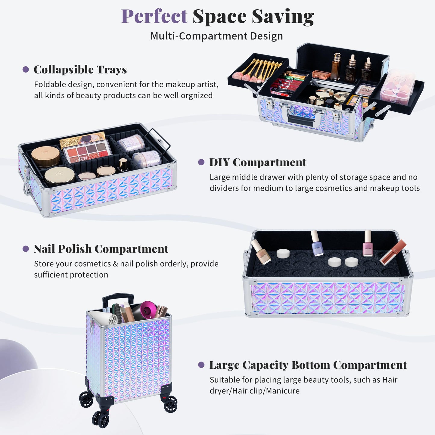 JINGUAN Rolling Makeup Train Case Large Storage Cosmetic Trolley 5 in 1 Large Capacity Trolley Makeup Travel Case with Key Swivel Wheels Salon Barber Case Traveling Cart Trunk, Silver