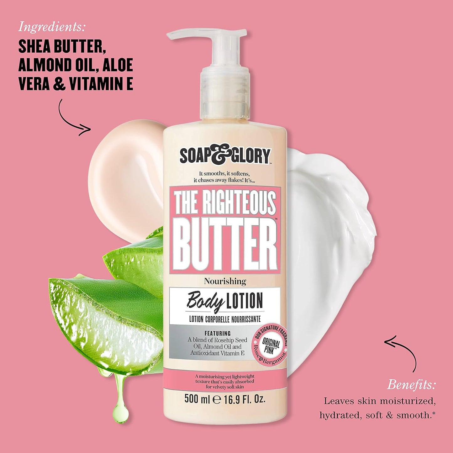 Soap & Glory Original Pink Body Lotion Pump - Lightweight Moisturizer with Shea Butter & Aloe Vera - Hydrates Dry Skin (16.9 fl oz)