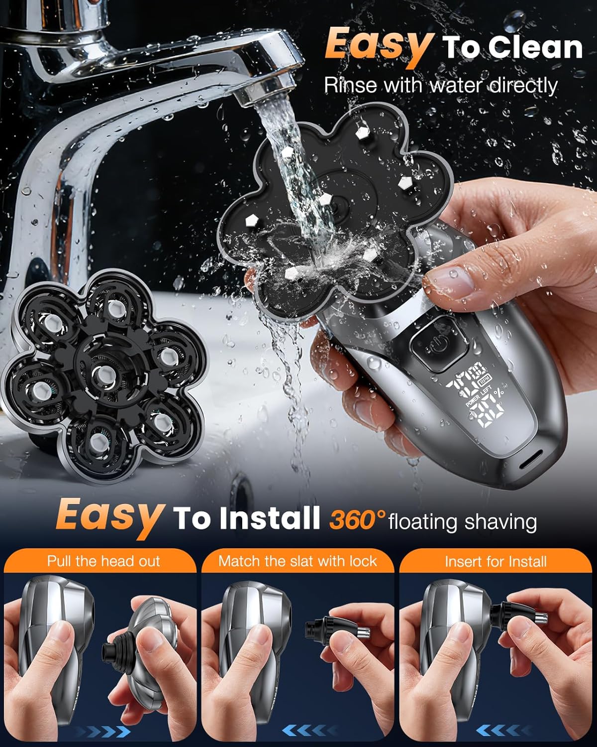 Skiennix 5-in-1 Electric Head Shaver - 7D Floating Waterproof Rechargeable Grooming Kit for Bald Men | Gray