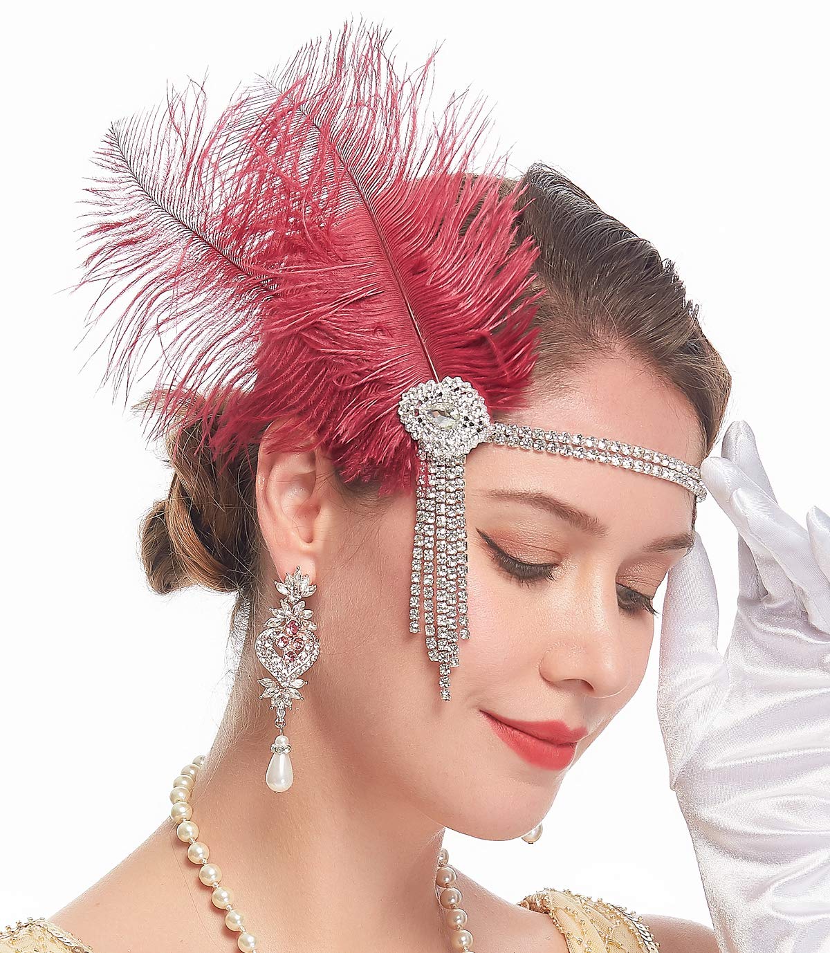 Cizoe 1920s Flapper Peacock Feather Headband Great Gatsby Bridal Crystal Headpiece Apricot (A-maroon)