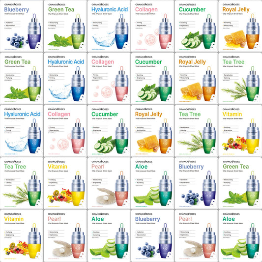 Orangeroses 30 Pcs Combo Vital Ampoule Sheet Mask, Korean Facial Skincare Sheet | Simple & Effective Skincare Routine | Moisturization | Wrinkle Care | Brightening (30 Pcs Combo)