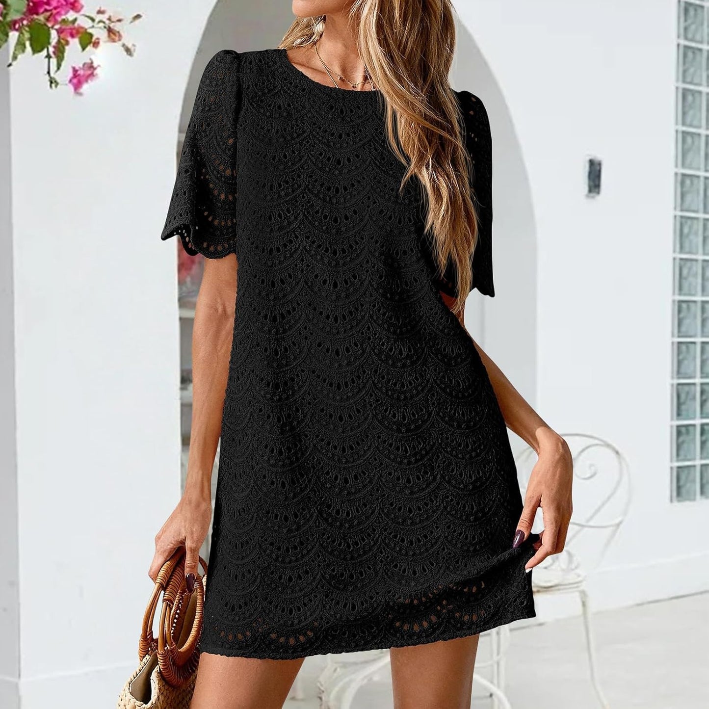 Skiennix Eyelet Dress for Women - Hollow Out Lace Boho Mini Dress | Casual Summer Short Sleeve