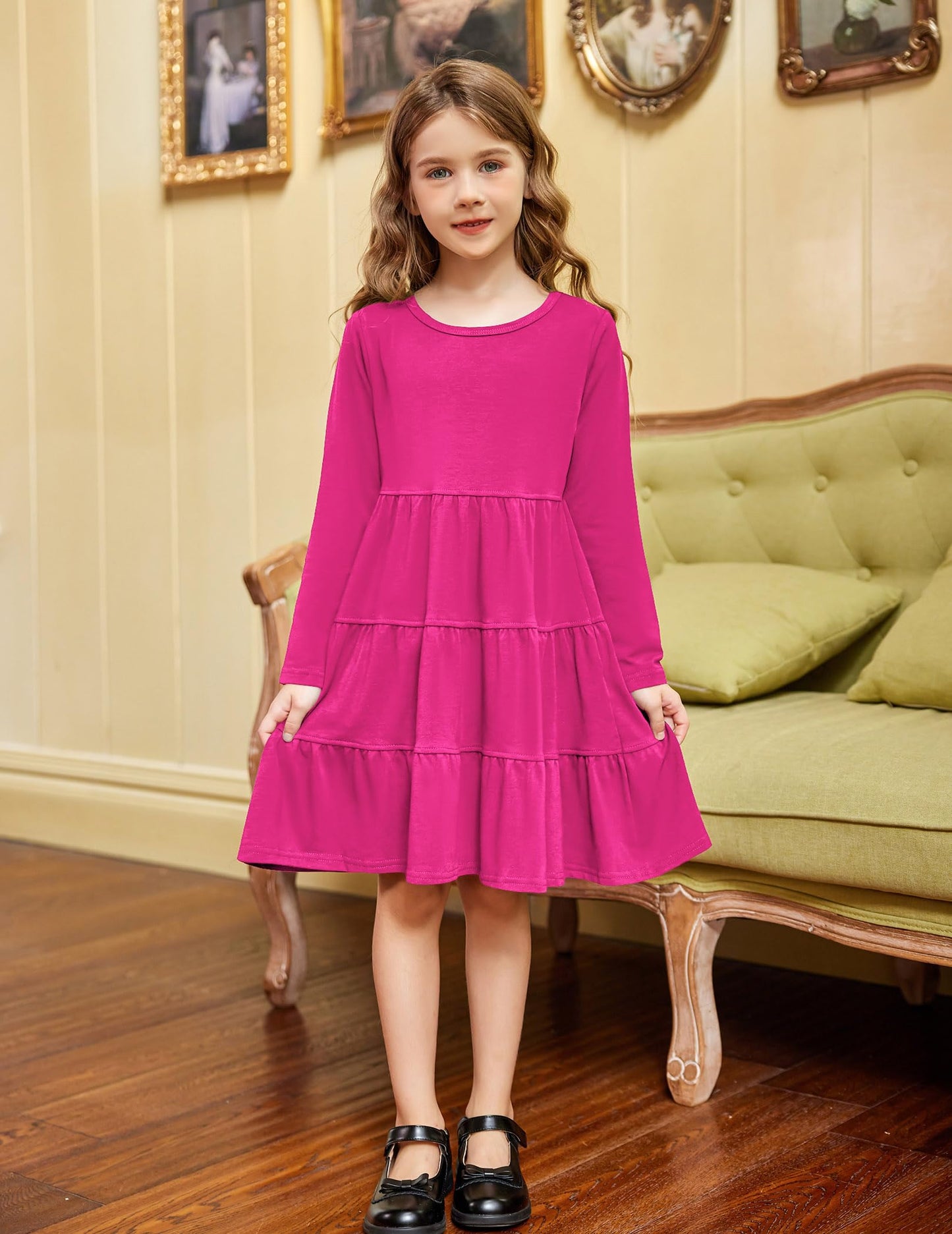 Arshiner Girls Long Sleeve Dress Fall Cotton Crewneck Tiered Ruffle Swing Solid Casual Midi Dresses Hot Pink 6 Years