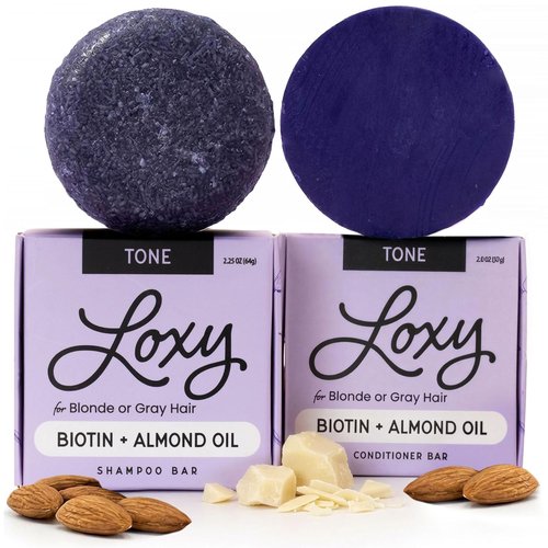 Loxy Purple Toning Shampoo & Conditioner Bar Set - Biotin & Almond Oil for Blonde/Grey Hair | Vegan, Cruelty-Free, Zero Waste