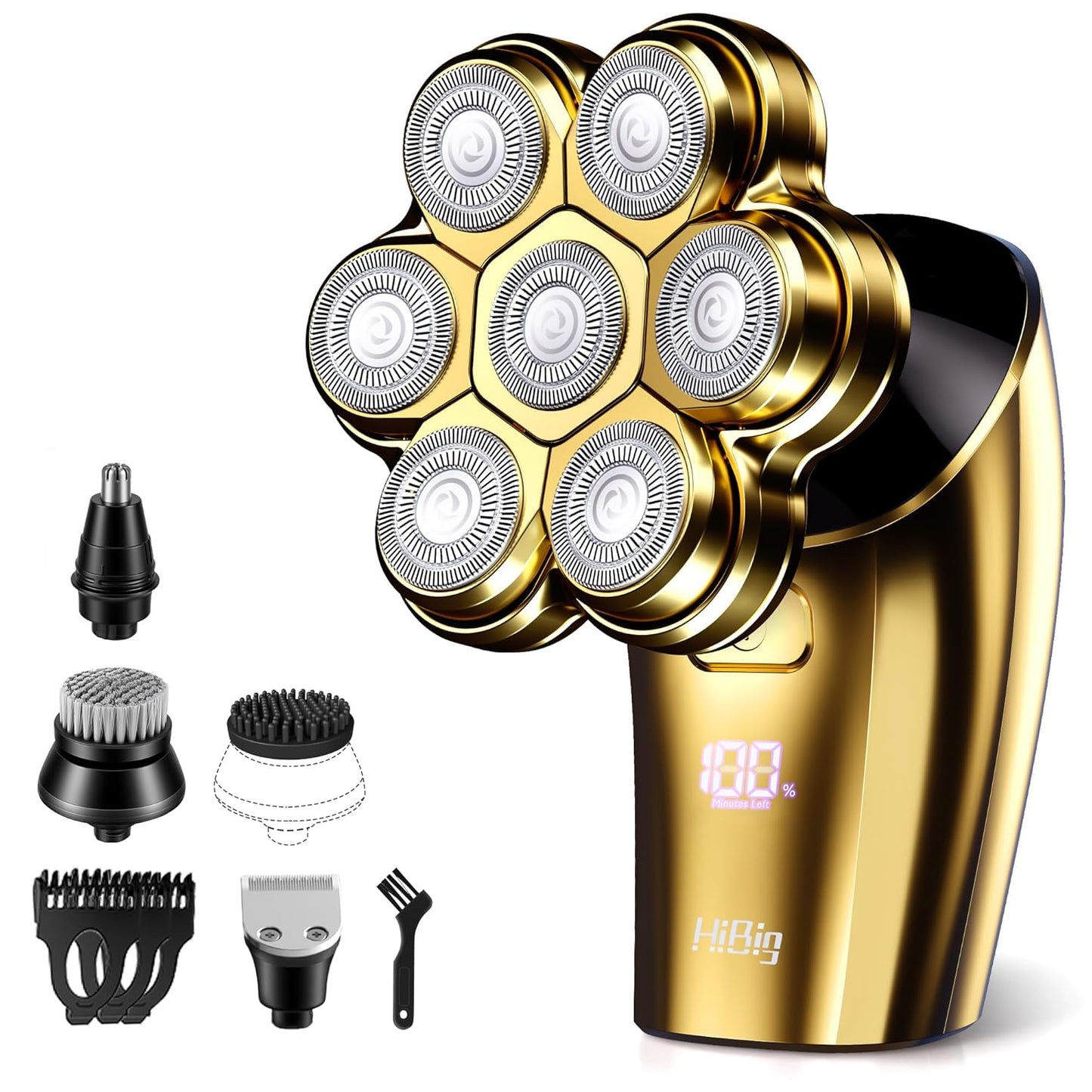 7D Arc Magnetic Head Shaver by [Brand Name] - Waterproof 5-in-1 Electric Razor & Grooming Kit, Gold