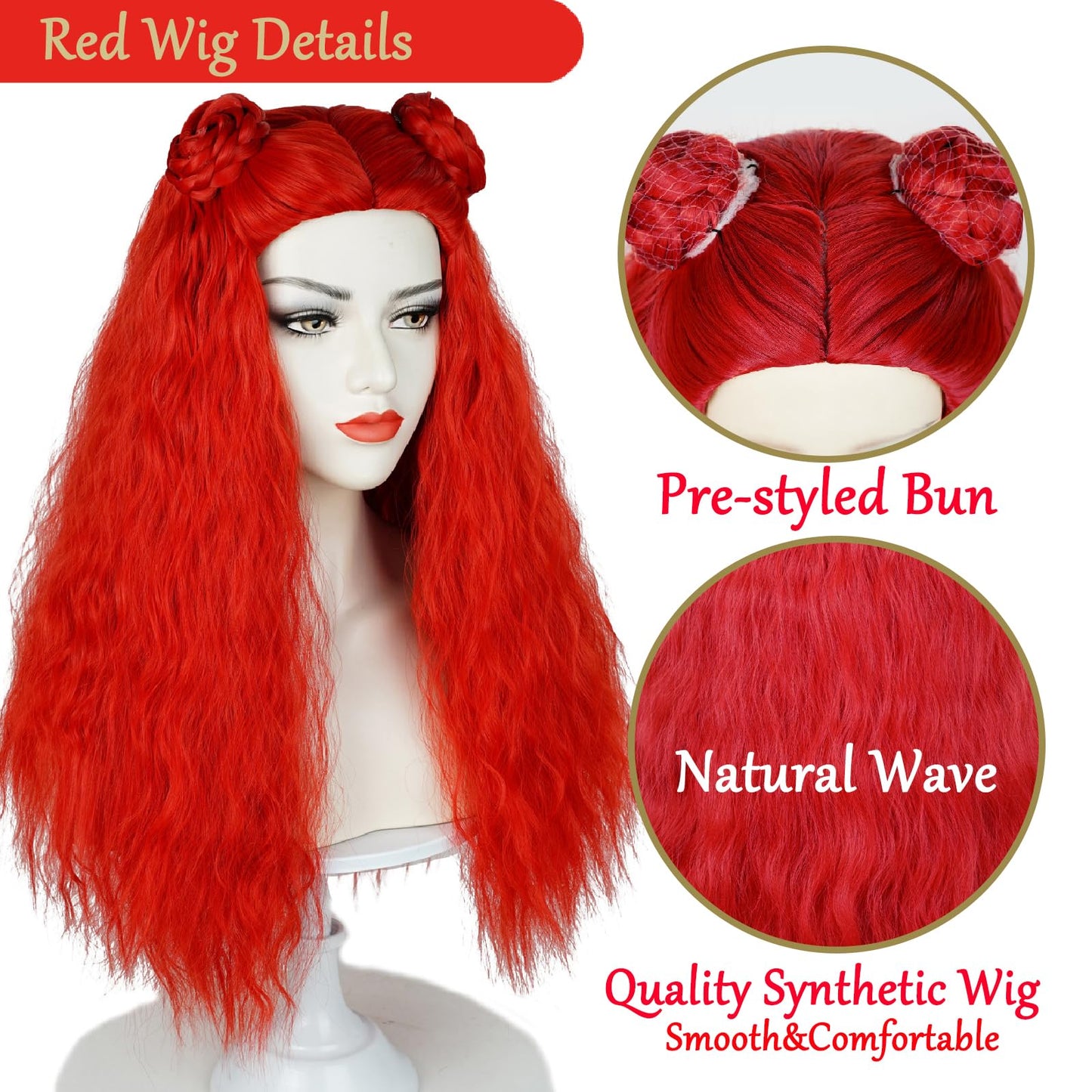 Wiggy Mermaid 65cm Long Red Wig with Bun for Women Adult Red Wavy Wig + Wig Cap for Halloween Rise Costume Cosplay