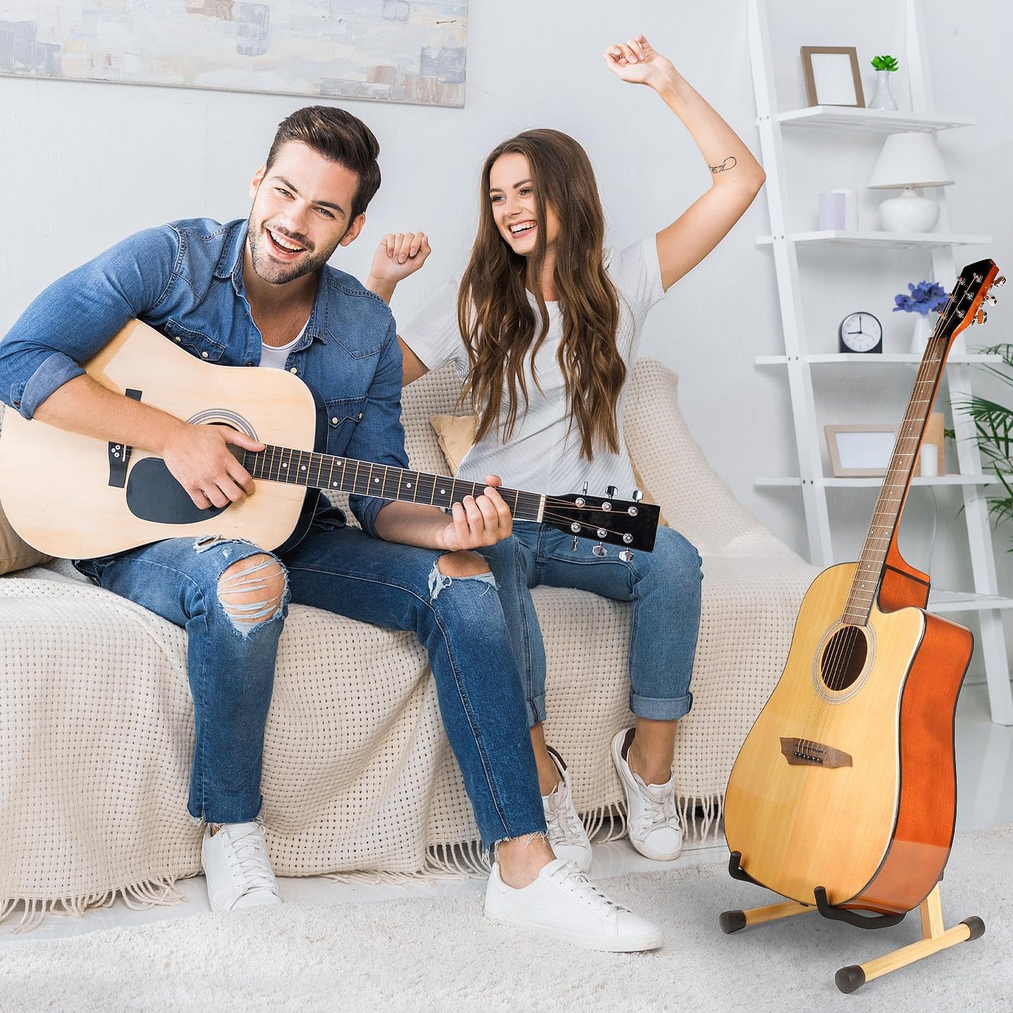 MUSO Guitar Stand,Acoustic Guitar Stand,Wood Classical Electric Guitar Stand,Foldable Bass Guitar Stand,Guitar Accessories also fit Bass,Violin,Ukulele(Acacia)