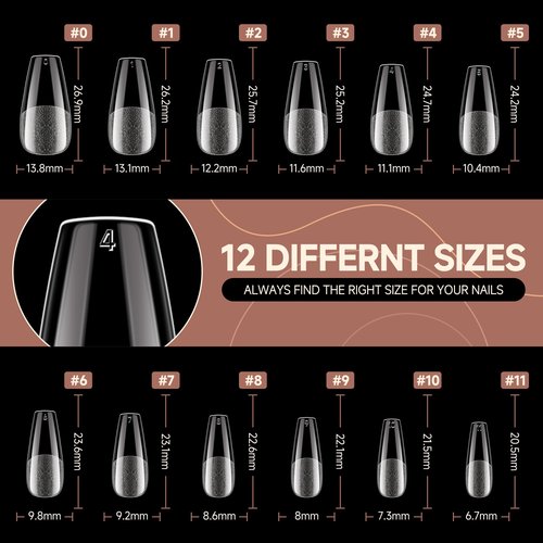 UNA GELLA Coffin Nails Tips, 216 PCS Soft Gel Nail Tips Coffin Half Matte Full Cover False Nails Pre-shaped Clear Acrylic Press on Nails Medium for Nail Extensions Home DIY Salon, 12 Sizes