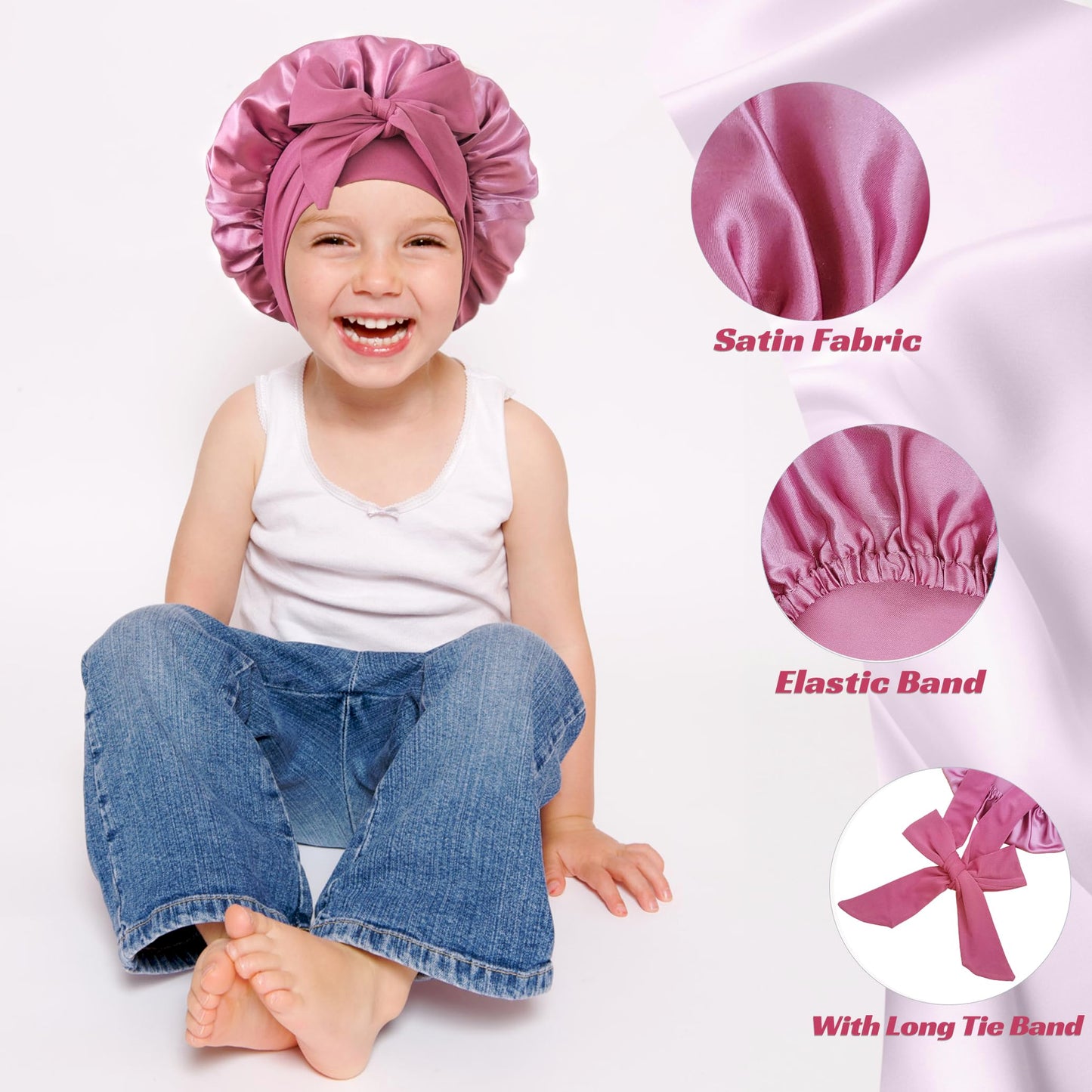 choshion 2 PCS Kids Bonnets for Girls, Silk Bonnet for Kids, Satin Silk Hair Bonnet for Sleeping with Tie Band, Baby Toddler Teens Child Sleep Cap for Curly Hair Braids