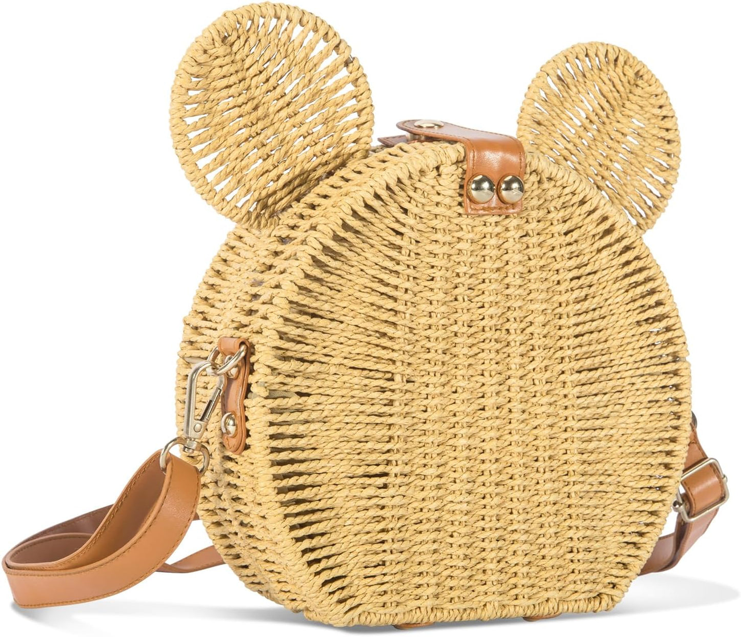 Skiennix Round Rattan Straw Bag - Handmade Wicker Purse with Cute Mouse Ears | Crossbody Shoulder Bag