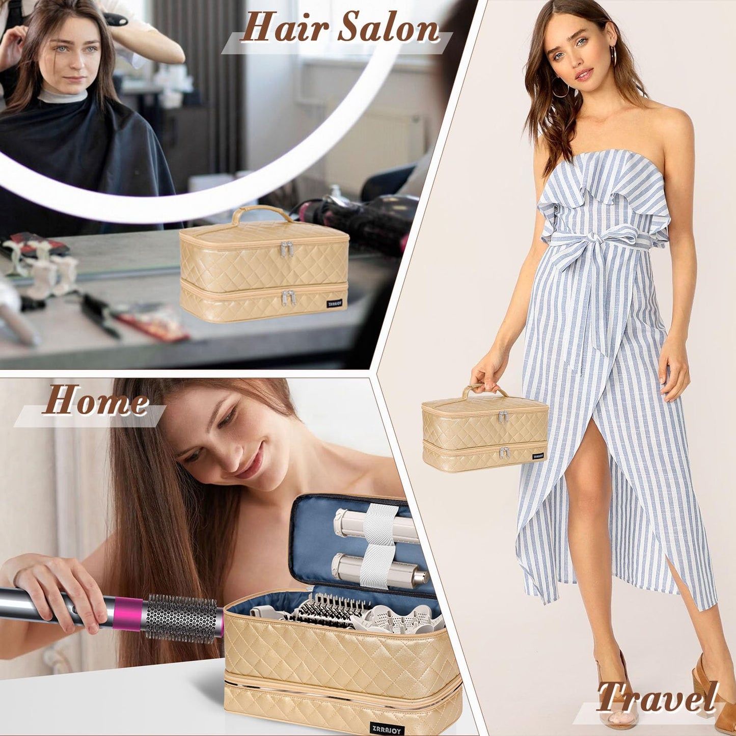 ZRRAJOY Double Layer Storage Case For Shark Flexstyle, Travel Carrying Case For Shark 430/440 Flexstyle, Organizer Bag For Shark Flexstyle/Dyson Airwrap Styler Attachments (Gold)