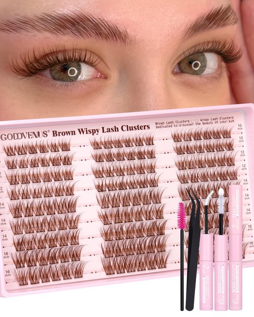 Goddvenus Brown Wispy Lash Clusters Kit Natural Cluster Eyelash Extensions Kit False Eyelashes Clusters Fluffy DIY Individual Lash Extensions Kit C Curl