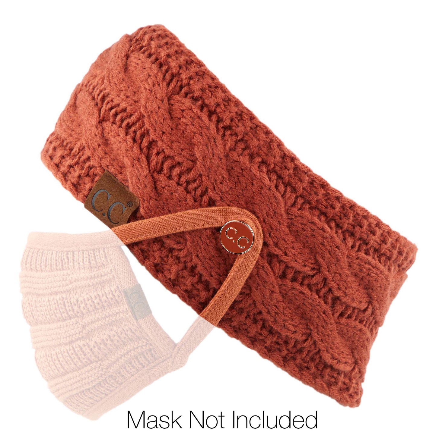 C.C Winter Fuzzy Fleece Lined Thick Knitted Headband Headwrap Epoxy Button for Face Masks (BHW-1) (A Button Cinnamon)